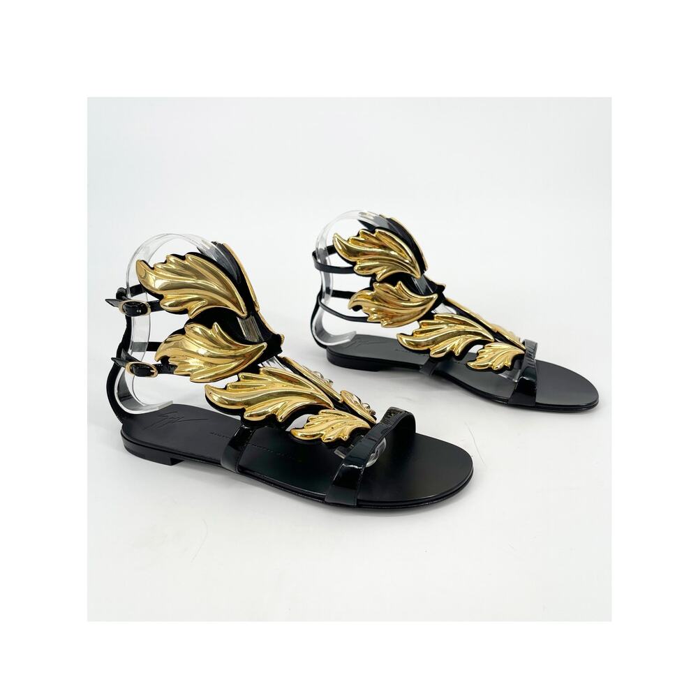Giuseppe Zanotti Cruel Summer Wing Black Patent Gladiator Sandals Flats IT 37.5